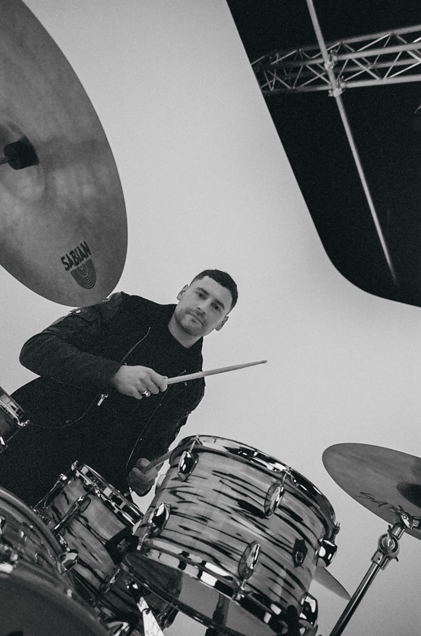 Online session drummer Max Saidi behind his drum kit